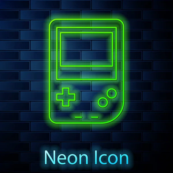 Glowing neon line Portable video game console icon isolated on brick wall background. Gamepad sign. Gaming concept. Vector Illustration — Stock Vector