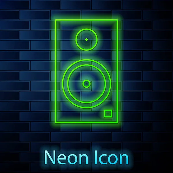 Gloeiende neon lijn Stereo luidspreker pictogram geïsoleerd op baksteen muur achtergrond. Geluidssysteemluidsprekers. Muziek icoon. Muzikale kolom luidspreker bas apparatuur. Vector Illustratie — Stockvector