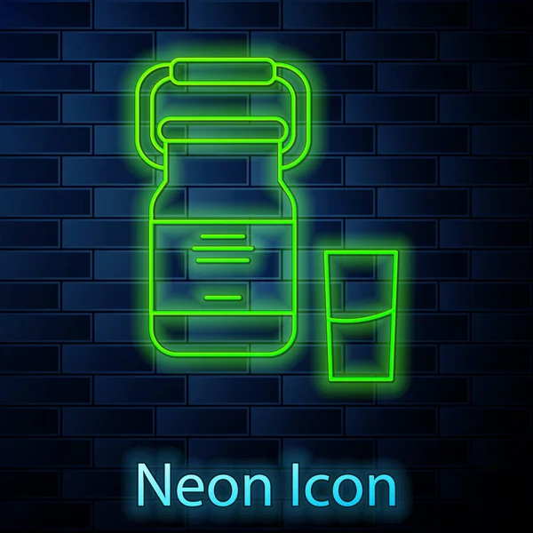 Linea neon incandescente Can contenitore per icona di latte e vetro isolato su sfondo muro di mattoni. Illustrazione vettoriale — Vettoriale Stock