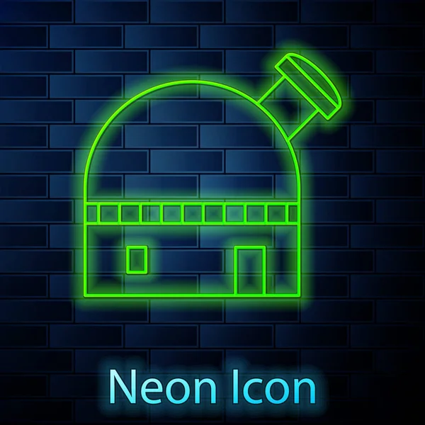 네온 라인의 천문학 관측소 아이콘은 벽돌 벽 배경에 고립되어 있습니다. 벡터 일러스트 — 스톡 벡터