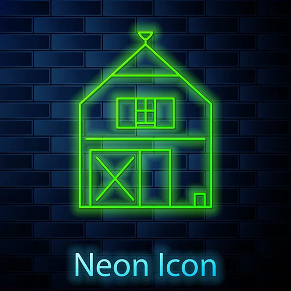 Ragyogó neon line Farm House koncepció ikon elszigetelt téglafal háttér. Rusztikus tájkép. Vektorillusztráció — Stock Vector