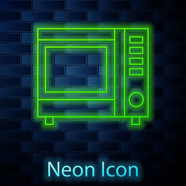 Glowing neon line Microwave oven icon isolated on brick wall background. Home appliances icon. Vector Illustration — Stock Vector