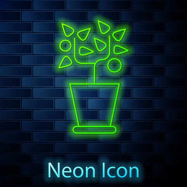 Žhnoucí neonová čára Rostlina v květináči ikony izolované na pozadí cihlové stěny. Rostlina roste v květináči. Znak květináče. Vektorová ilustrace — Stockový vektor
