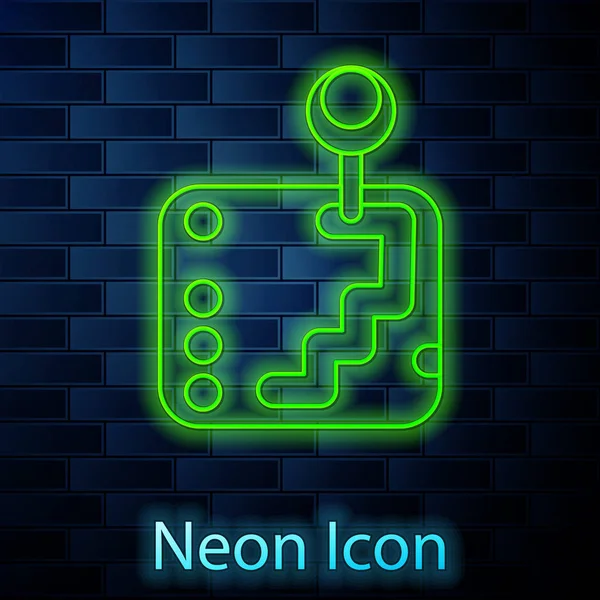 Gloeiende neon lijn Gear shifter pictogram geïsoleerd op baksteen muur achtergrond. Transmissie icoon. Vector Illustratie — Stockvector