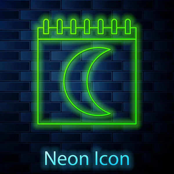 Gloeiende neon lijn Maan fasen kalender pictogram geïsoleerd op baksteen muur achtergrond. Vector Illustratie — Stockvector