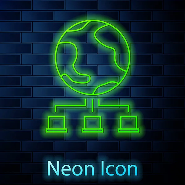 Leuchtende Neon-Line-Computernetzwerk-Symbol isoliert auf Backsteinwand Hintergrund. Online-Gaming. Laptop-Netzwerk. Internetverbindung. Vektorillustration — Stockvektor