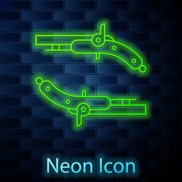 Leuchtende Neon Line Vintage Pistols Ikone isoliert auf Backsteinwand Hintergrund. Uralte Waffe. Vektorillustration — Stockvektor