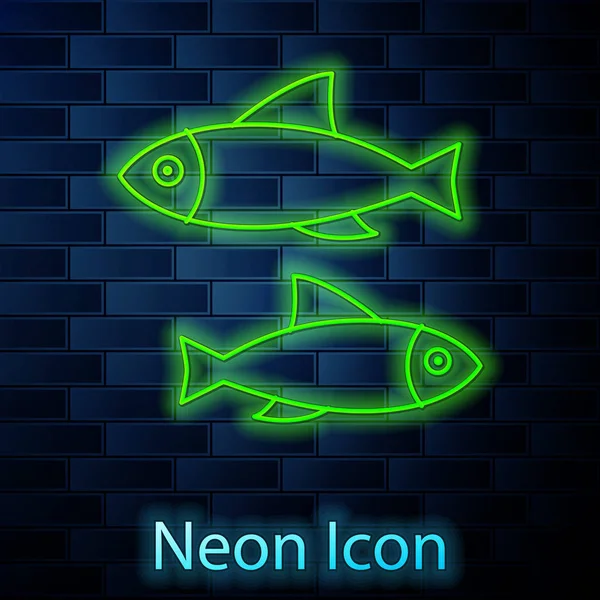 Brillante línea de neón icono de pescado aislado en el fondo de la pared de ladrillo. Ilustración vectorial — Vector de stock