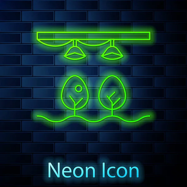 Ragyogó neon vonal Smart farm villanykörte és növényi szimbólum ikon elszigetelt téglafal háttér. Vektorillusztráció — Stock Vector