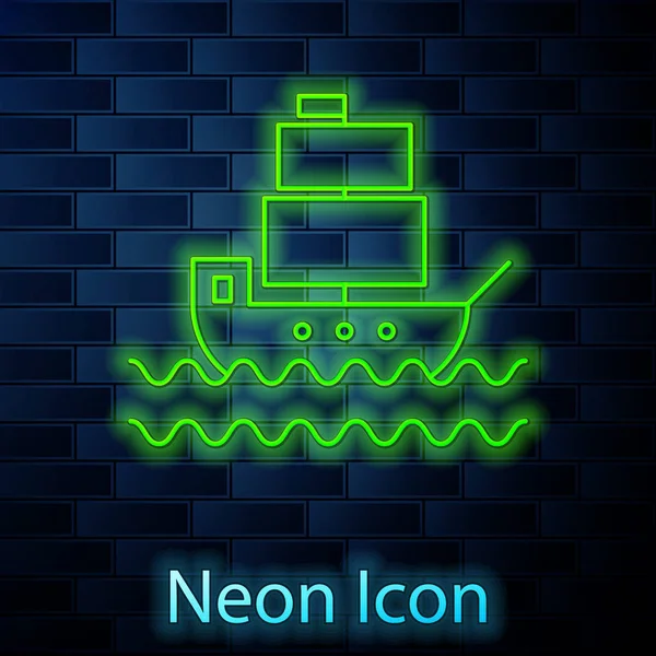 Linha de néon brilhante Ícone do navio isolado no fundo da parede de tijolo. Ilustração vetorial — Vetor de Stock