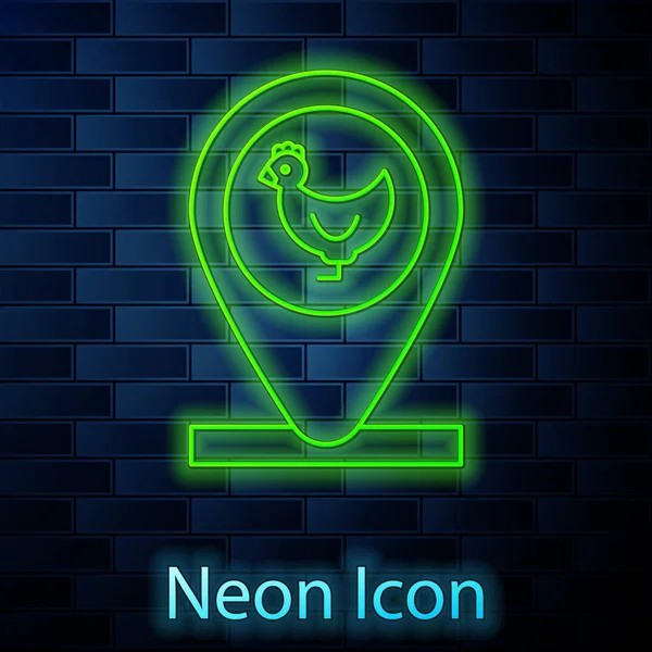 Parlayan neon hattı Tavuk çiftliği ve tuğla duvar arka planında izole edilmiş konum ikonu. Vektör İllüstrasyonu — Stok Vektör