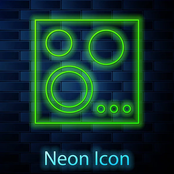 Leuchtende Neon-Line-Gasherd-Symbol isoliert auf Backsteinwand Hintergrund. Kochschild. Kochfeld mit vier Kreisbrennern. Vektorillustration — Stockvektor