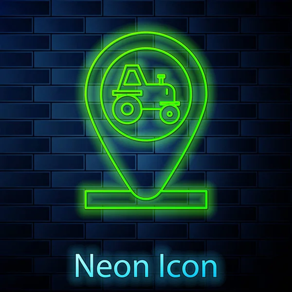 Leuchtende Neon-Line-Traktor und Standort-Symbol isoliert auf Backsteinwand Hintergrund. Vektorillustration — Stockvektor