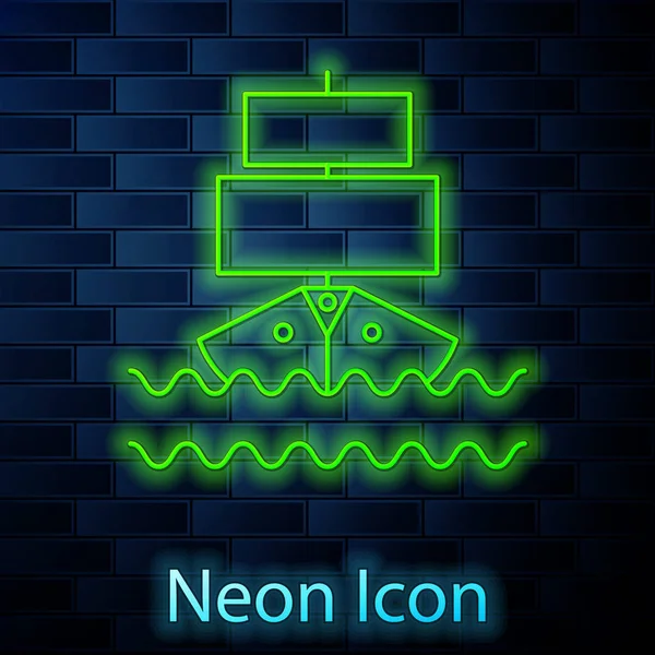 Glowing neon line Ship icon isolated on brick wall background. Vector Illustration — Stock Vector