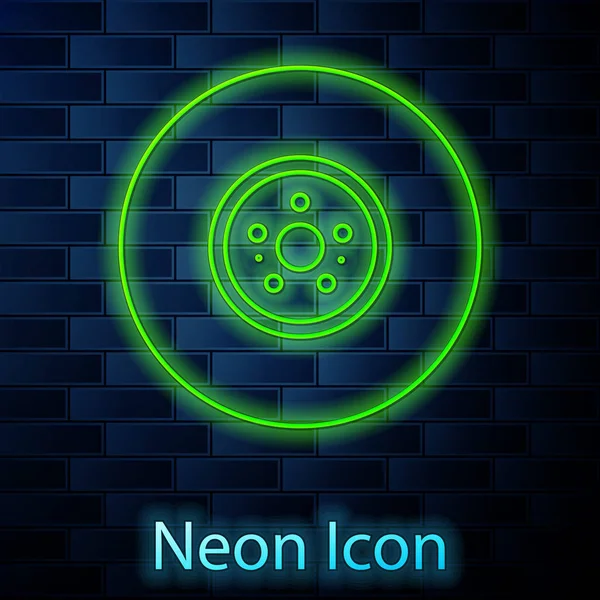 Leuchtende Neon-Linie Auto Bremsscheibe Symbol isoliert auf Backsteinwand Hintergrund. Vektorillustration — Stockvektor