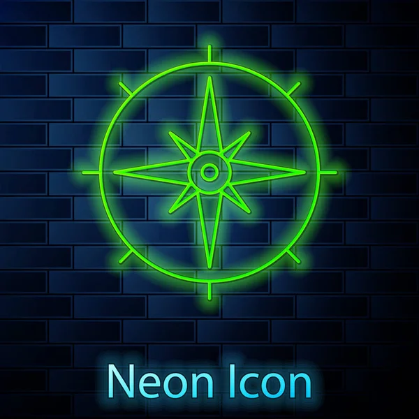 Gloeiende neon lijn Wind roos pictogram geïsoleerd op baksteen muur achtergrond. Kompas icoon voor reizen. Navigatie ontwerp. Vector Illustratie — Stockvector