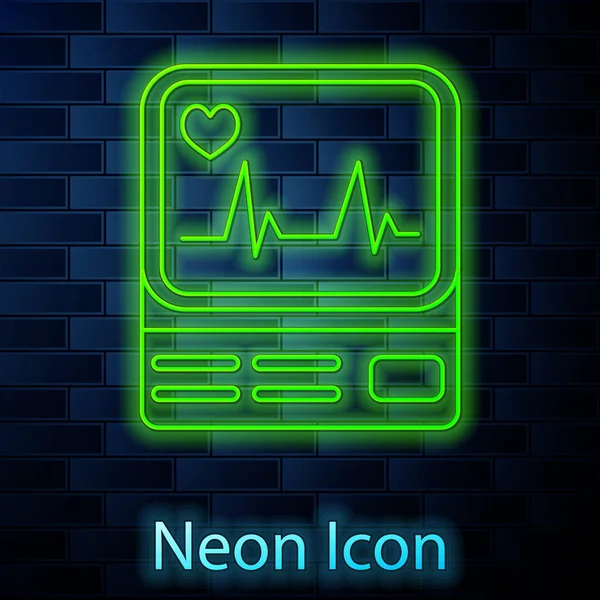 Gloeiende neon lijn Computer monitor met cardiogram pictogram geïsoleerd op baksteen muur achtergrond. Monitoring icoon. ECG monitor met hartslag hand getrokken. Vector Illustratie — Stockvector