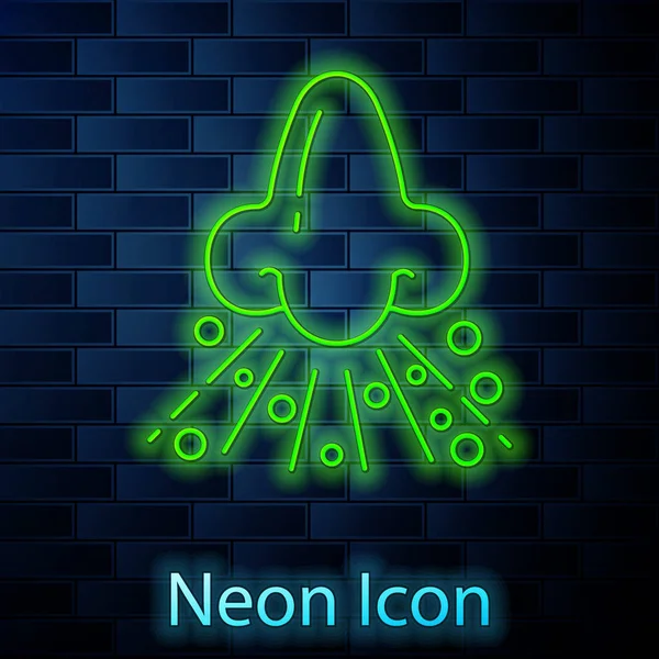 Gloeiende neon lijn Loopneus pictogram geïsoleerd op baksteen muur achtergrond. Rhinitissymptomen, behandeling. Neus en niezen. Neusziekten. Vector Illustratie — Stockvector