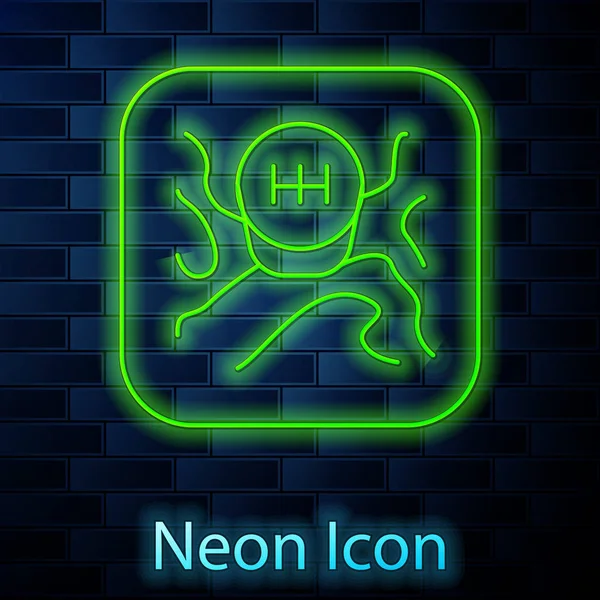 Leuchtende Neon-Linie Schaltgetriebe-Symbol isoliert auf Backsteinwand Hintergrund. Übertragungssymbol. Vektorillustration — Stockvektor