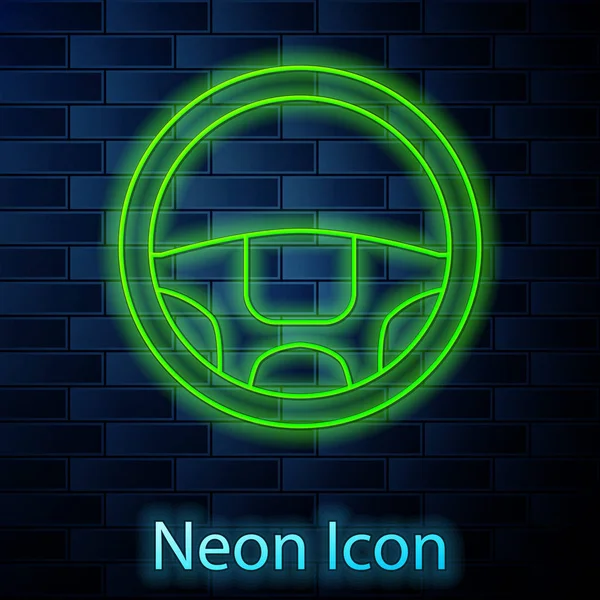Leuchtende Neon-Linie Lenkrad-Symbol isoliert auf Backsteinwand Hintergrund. Auto-Rad-Symbol. Vektorillustration — Stockvektor