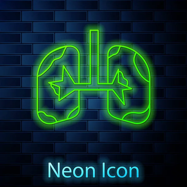Glowing neon line Lungs icon isolated on brick wall background. Vector Illustration — Stock Vector