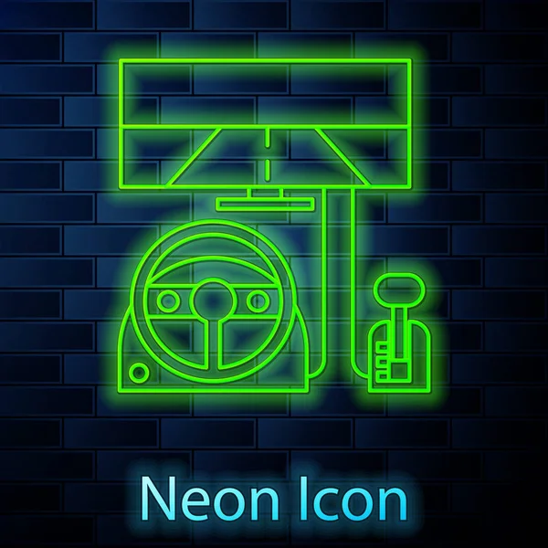 Leuchtende Neon-Line-Rennsimulator Cockpit-Symbol isoliert auf Backsteinwand Hintergrund. Spielzubehör. Gadget zum Fahren Simulationsspiel. Vektorillustration — Stockvektor