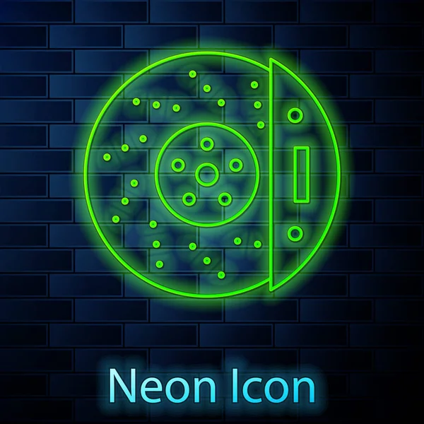 Leuchtende Neon-Line-Auto-Bremsscheibe mit Bremssattel-Symbol isoliert auf Backsteinwand Hintergrund. Vektorillustration — Stockvektor