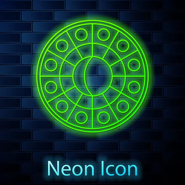 Glödande neon linje astrologi horoskop cirkel med zodiak ikon isolerad på tegel vägg bakgrund. Vektor Illustration — Stock vektor