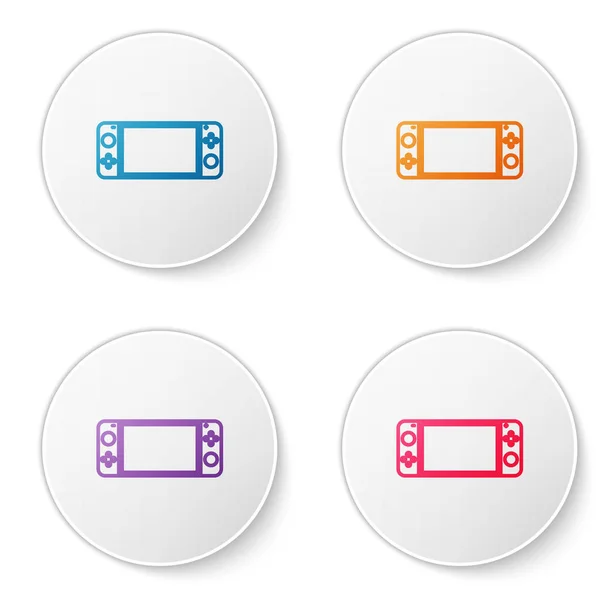 Línea de color Icono de consola de videojuegos portátil aislado sobre fondo blanco. Señal de mando. Concepto de juego. Establecer iconos en botones de círculo. Ilustración vectorial — Vector de stock