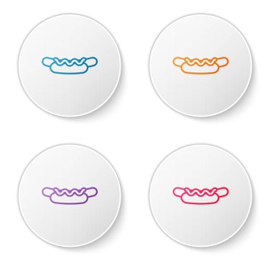 Beyaz arkaplanda hardal simgesi olan renkli Hotdog sandviçi. Sosis ikonu. Sokak fast food menüsü. Simgeleri daire düğmelerine ayır. Vektör İllüstrasyonu