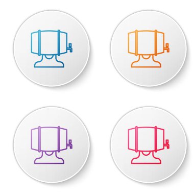 Renkli ahşap fıçı rafta ve beyaz arka planda durdurma simgesi var. Simgeleri daire düğmelerine ayır. Vektör İllüstrasyonu