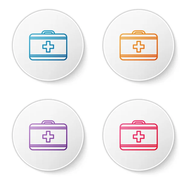 Color line First aid kit icon isolated on white background. Medical box with cross. Medical equipment for emergency. Healthcare concept. Set icons in circle buttons. Vector Illustration — Stock Vector