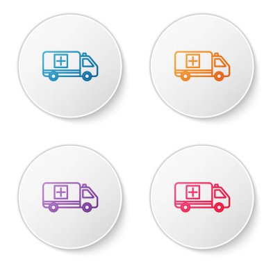 Renkli ambulans ve acil durum arabası simgesi beyaz arka planda izole edildi. Ambulans aracı tıbbi tahliye. Simgeleri daire düğmelerine ayır. Vektör İllüstrasyonu