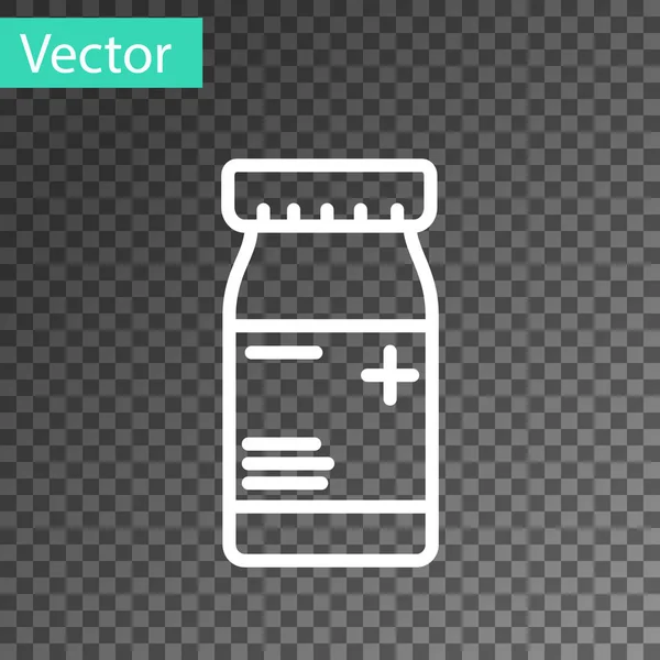 白い線透明な背景に単離された医学ボトルと薬のアイコン.瓶の丸薬のサイン薬局の設計ベクターイラスト — ストックベクタ