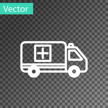 Beyaz hat ambulans ve acil durum arabası ikonu şeffaf arkaplanda izole edildi. Ambulans aracı tıbbi tahliye. Vektör İllüstrasyonu