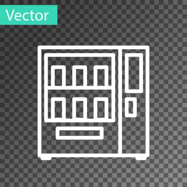 Şeffaf arkaplanda izole edilmiş beyaz çizgi yiyecek ve içecek otomatikman satış ikonu. Vektör İllüstrasyonu