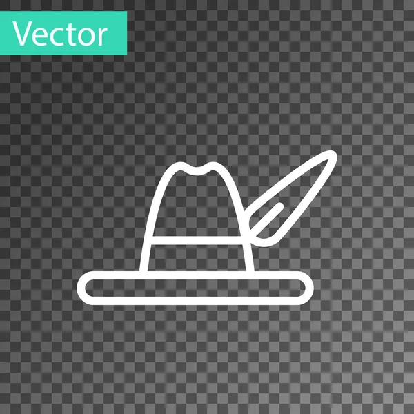 Línea blanca Oktoberfest sombrero icono aislado sobre fondo transparente. Sombrero de cazador con pluma. Sombrero alemán. Ilustración vectorial — Vector de stock