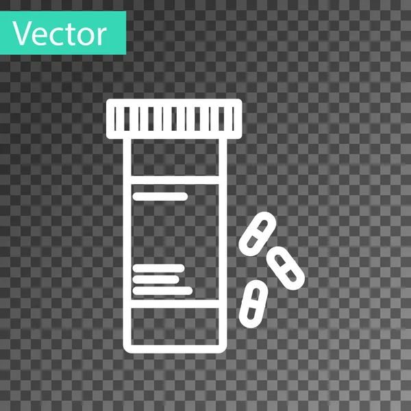 Белая линия Бутылка медицины и таблетки значок изолирован на прозрачном фоне. Вывеска с таблетками. Аптечный дизайн. Векторная миграция — стоковый вектор
