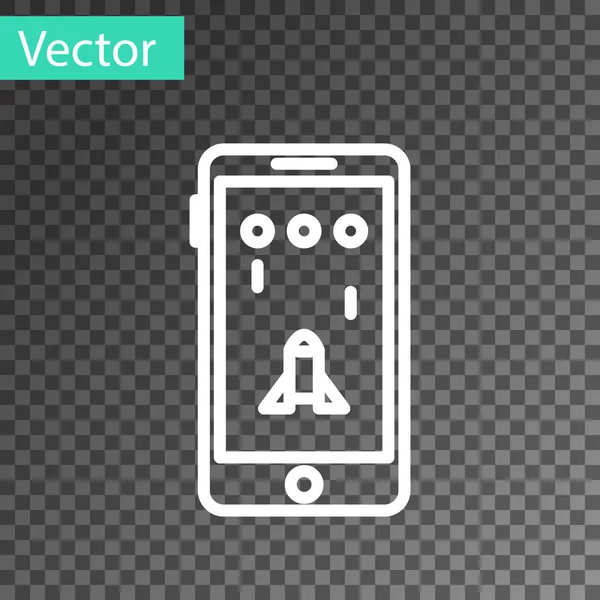 Línea blanca Smartphone y jugar en el icono del juego aislado sobre fondo transparente. Concepto de juego móvil. Ilustración vectorial — Vector de stock