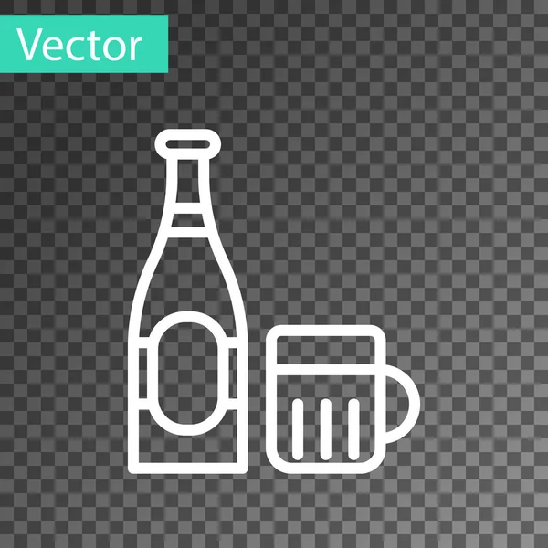 Linha branca Garrafa de cerveja e ícone de vidro isolado em fundo transparente. Símbolo da bebida alcoólica. Ilustração vetorial — Vetor de Stock