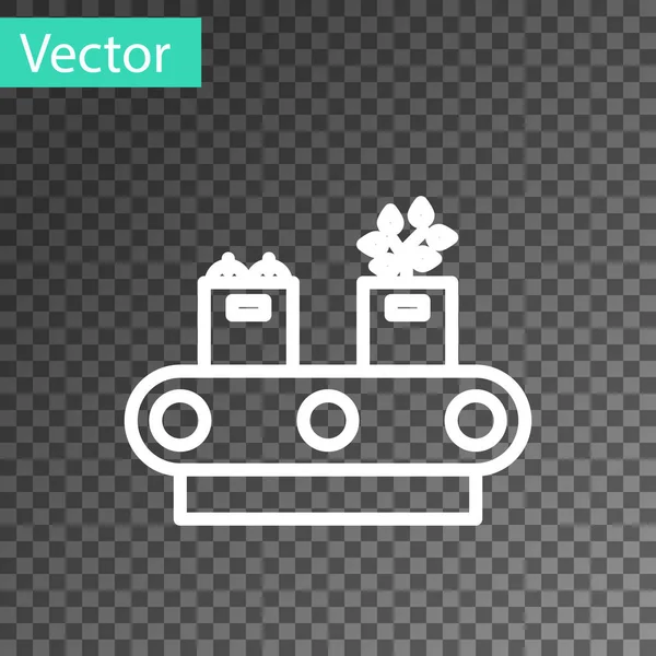 Cinta transportadora de línea blanca con icono de caja de cartón aislado sobre fondo transparente. Ilustración vectorial — Vector de stock