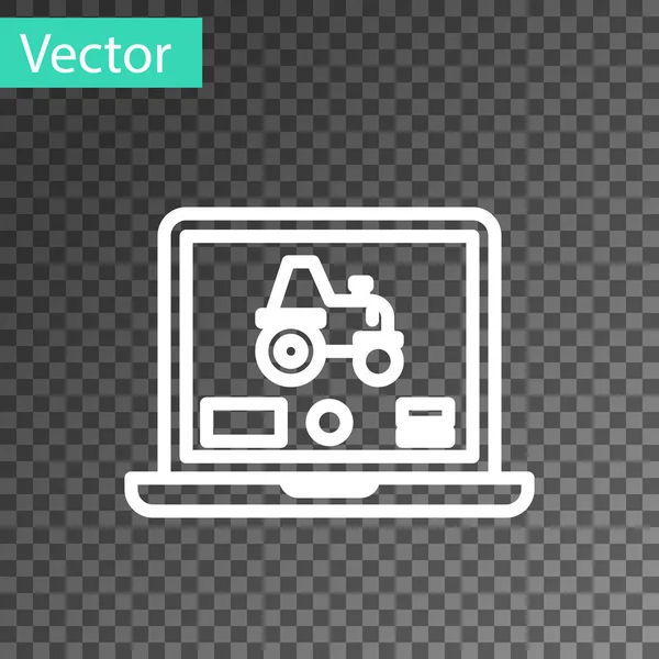 Witte lijn Laptop toepassing voor het besturen van een autonome trekker op een slimme boerderij pictogram geïsoleerd op transparante achtergrond. Slimme landbouw. Vector Illustratie — Stockvector