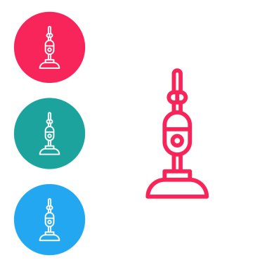 Kırmızı çizgi elektrikli süpürge ikonu beyaz arkaplanda izole edildi. Simgeleri daire düğmelerine ayır. Vektör İllüstrasyonu