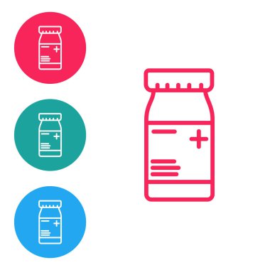 Kırmızı çizgi ilaç şişesi ve beyaz arka planda izole edilmiş ilaç ikonu. Şişe hapı işareti. Eczane tasarımı. Simgeleri daire düğmelerine ayır. Vektör İllüstrasyonu