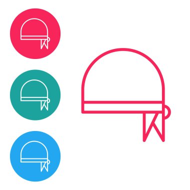 Beyaz arka planda izole edilmiş kafa simgesi için kırmızı çizgi korsan bandanası. Simgeleri daire düğmelerine ayır. Vektör İllüstrasyonu