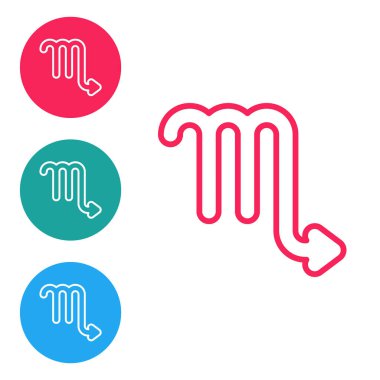 Kırmızı çizgi Scorpio burç simgesi beyaz arka planda izole edildi. Astrolojik yıldız falı koleksiyonu. Simgeleri daire düğmelerine ayır. Vektör İllüstrasyonu