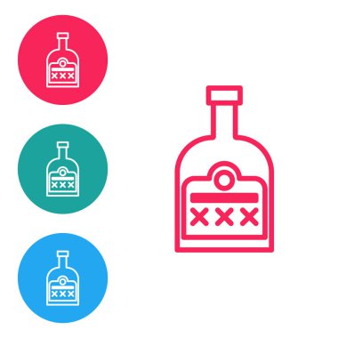 Kırmızı çizgili alkollü içki beyaz arka planda izole edilmiş rom şişesi ikonu. Simgeleri daire düğmelerine ayır. Vektör İllüstrasyonu