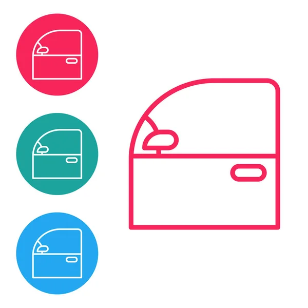 Ligne rouge Icône de porte de voiture isolé sur fond blanc. Définir des icônes dans les boutons cercle. Illustration vectorielle — Image vectorielle