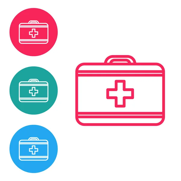 Red line First aid kit icon isolated on white background. Medical box with cross. Medical equipment for emergency. Healthcare concept. Set icons in circle buttons. Vector Illustration — Stock Vector