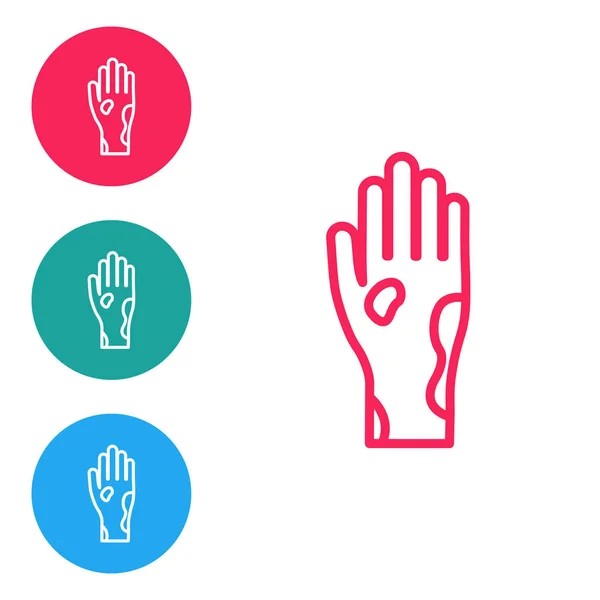 Röd linje Hand med psoriasis eller eksem ikon isolerad på vit bakgrund. Begreppet mänsklig hudrespons på allergen eller kroniska kroppsproblem. Ställ ikoner i cirkelknapparna. Vektor Illustration — Stock vektor